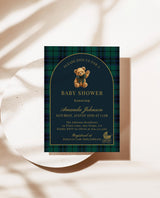 Classic Plaid Baby Shower Invitation with Envelopes | Bear Navy Green