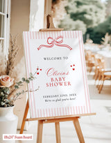 Coquette Bow Baby Shower Welcome Sign | Striped Heart Theme