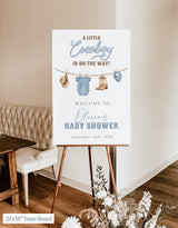 A Little Cowboy On The Way Baby Shower Welcome Sign | Dusty Blue Party - close-up detail