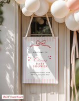 Coquette Bow Baby Shower Welcome Sign | Striped Heart Theme