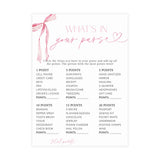 Whats In Your Purse Game Bridal Shower Game | Pink Bow