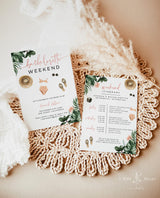 Tropical Bachelorette Party Invitation with Envelopes | Beach Weekend Itinerary Pink Palm Invite 5x7