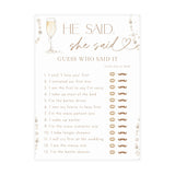He Said She Said Bridal Shower Game | Pearls and Prosecco