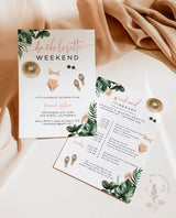 Tropical Bachelorette Party Invitation with Envelopes | Beach Weekend Itinerary Pink Palm Invite 5x7