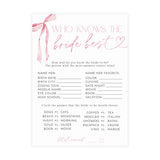 Who Knows Bride Best Game Bridal Shower Game | Pink Bow
