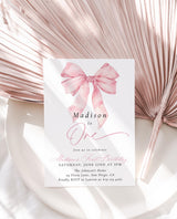 Pink Bow 1st Birthday Invitation with Envelopes | Coquette Girl Turning One B1