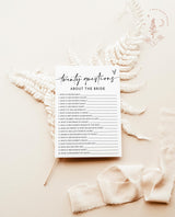 20 Questions About the Bride, Modern Bridal Trivia Shower Game, Minimalist Bridal Shower Game, Bridal Shower Game, Editable Template, M5