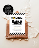 Young Wild and Three Invite Template, Smile Face Birthday Invite, Boy 3rd Birthday, Lightening Bolt Smile, Editable Template, S4