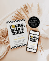 Young Wild and Three Invite Template, Smile Face Birthday Invite, Boy 3rd Birthday, Lightening Bolt Smile, Editable Template, S4