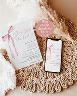 She's Tying the Knot Bridal Shower Invitation Template | Pink Bow Bridal Shower Invite | Pink Ribbon Wedding Shower | Editable Template | B4