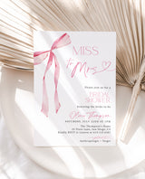 Miss to Mrs Bridal Shower Invitation Template | Pink Bow Bridal Shower Invite | Pink Ribbon Wedding Shower | Editable Template | B4