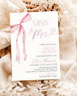 Miss to Mrs Bridal Shower Invitation Template | Pink Bow Bridal Shower Invite | Pink Ribbon Wedding Shower | Editable Template | B4