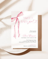 Pink Bow Baby Shower Invite | Girl Baby Shower Invite | Sweet Baby Girl | Blush Pink | Pink Ribbon Minimalist Invite | Editable Template, B4