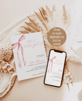 Pink Bow Baby Shower Invite | Girl Baby Shower Invite | Sweet Baby Girl | Blush Pink | Pink Ribbon Minimalist Invite | Editable Template, B4