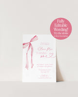 Pink Bow 1st Birthday Party Invite | First Birthday Invitation | Girl Birthday Invite | Pink Ribbon Minimalist Invite | Editable Template B4