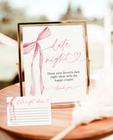Date Night Ideas Card | Date Night Ideas Sign | Pink Bow Bridal Shower | She's Tying the Knot Bridal Shower | Date Night Card Template | B4