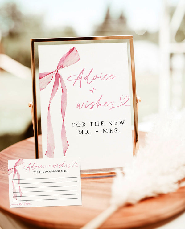 Advice and Wishes Wedding Sign | Bow Wedding Sign | Advice and Wishes for New Mr and Mrs | Pink Bow Bridal Shower | She's Tying the Knot, B4