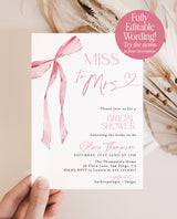 Miss to Mrs Bridal Shower Invitation Template | Pink Bow Bridal Shower Invite | Pink Ribbon Wedding Shower | Editable Template | B4