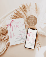 Miss to Mrs Bridal Shower Invitation Template | Pink Bow Bridal Shower Invite | Pink Ribbon Wedding Shower | Editable Template | B4