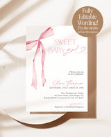 Pink Bow Baby Shower Invite | Girl Baby Shower Invite | Sweet Baby Girl | Blush Pink | Pink Ribbon Minimalist Invite | Editable Template, B4