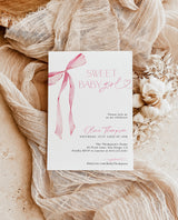 Pink Bow Baby Shower Invite | Girl Baby Shower Invite | Sweet Baby Girl | Blush Pink | Pink Ribbon Minimalist Invite | Editable Template, B4