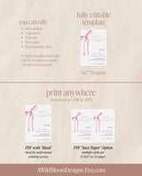 Pink Bow Baby Shower Invite | Girl Baby Shower Invite | Sweet Baby Girl | Blush Pink | Pink Ribbon Minimalist Invite | Editable Template, B4