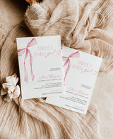 Pink Bow Baby Shower Invite | Girl Baby Shower Invite | Sweet Baby Girl | Blush Pink | Pink Ribbon Minimalist Invite | Editable Template, B4