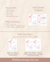 Pink Bow Baby Shower Invitation Template | Girl Baby Shower Invite Bundle | Sweet Baby Girl | Pink Baby Shower | Editable Template | B4