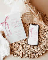 Pink Bow 1st Birthday Party Invite | First Birthday Invitation | Girl Birthday Invite | Pink Ribbon Minimalist Invite | Editable Template B4