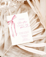 Pink Bow 1st Birthday Party Invite | First Birthday Invitation | Girl Birthday Invite | Pink Ribbon Minimalist Invite | Editable Template B4