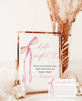 Date Night Ideas Card | Date Night Ideas Sign | Pink Bow Bridal Shower | She's Tying the Knot Bridal Shower | Date Night Card Template | B4