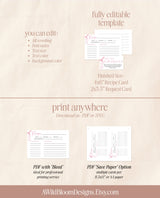 Bridal Shower Recipe Card Template | Bridal Shower Recipe Card Insert | Minimalist Bridal Shower | Recipe Request | Editable Template | B4