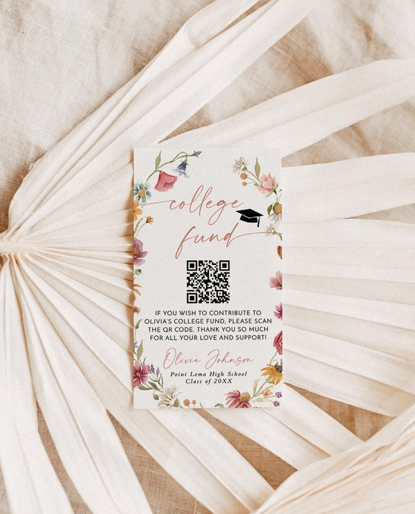 Wildflower College Fund Card | QR Code College Fund Graduation | College Fund Graduation Card | Floral Graduation Party Editable Template W1