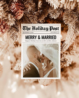 Newspaper Christmas Card Template, Merry & Married, Modern Wedding Thank You Card, Wedding Photo Thank You Card, Newspaper Holiday Card, N2