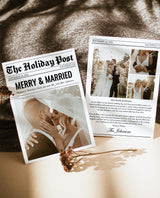 Newspaper Christmas Card Template, Merry & Married, Modern Wedding Thank You Card, Wedding Photo Thank You Card, Newspaper Holiday Card, N2