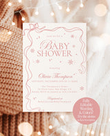 Winter Baby Shower Invite, Winter Wonderland Shower, A Little Snowflake is on the Way, Modern Pink Girl Baby Shower, Editable Template W2