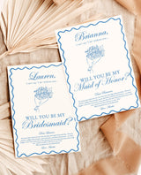 Bridesmaid Proposal Card Template, Bridesmaid Card, Will You Be My Bridesmaid, Wavy Border, Bow Proposal, Bouquet Bridesmaid Proposal, H1
