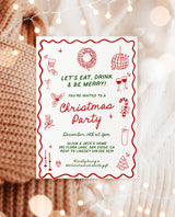 Christmas Dinner Party Invite, Hand Drawn Christmas Party, Holiday Party Invite, Merry & Bright Christmas Dinner Invite Editable Template H1
