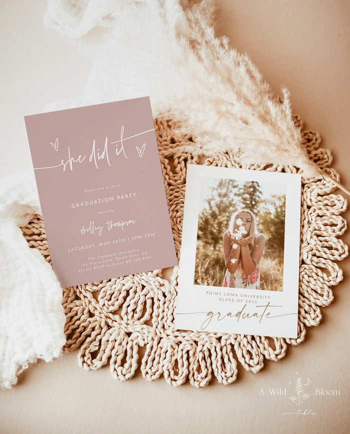 Graduation Party Invitation with Envelopes | She Did It Modern Photo Announcement 5x7