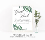 Printable Guest Book Sign Eucalyptus Watercolor Baby Shower | Greenery Leaves, Please Sign The Guest Book