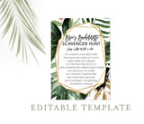 Tropical Scavenger Hunt Bachelorette Editable Game | Printable Palm Leaves Self-Editing Template