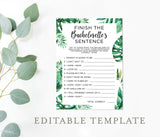 Editable Finish the Sentence Game Template | Fun Bachelorette Party Game