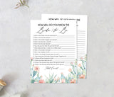 Fiesta Bridal Trivia Editable Game | Succulent Desert Cactus, Customizable Self-Editing Template