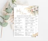Baby Trivia Shower Game Template | Editable Pampas Grass Baby Shower Game