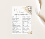 Baby Trivia Shower Game Template | Editable Pampas Grass Baby Shower Game