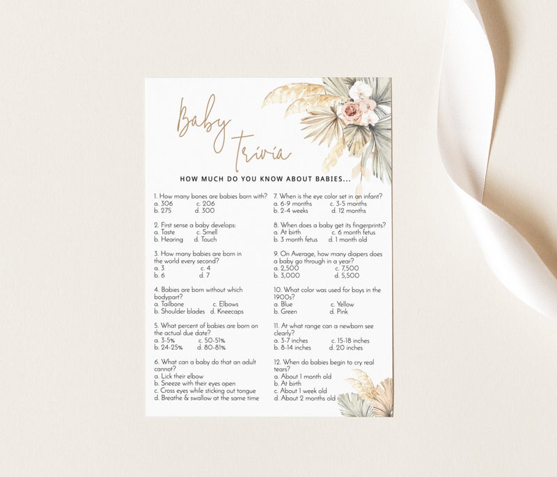 Baby Trivia Shower Game Template | Editable Pampas Grass Baby Shower Game 