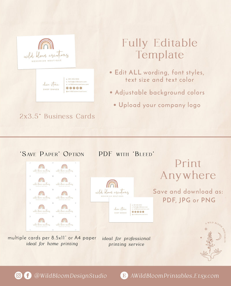 Rainbow Business Card Template | Boho Rainbow Watercolor 