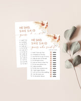 Pampas Grass He Said She Said Game | Boho Bridal Shower Game