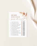 Pampas Grass He Said She Said Game | Boho Bridal Shower Game