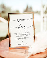 Minimalist Open Bar Sign | Modern Minimalist Wedding Sign